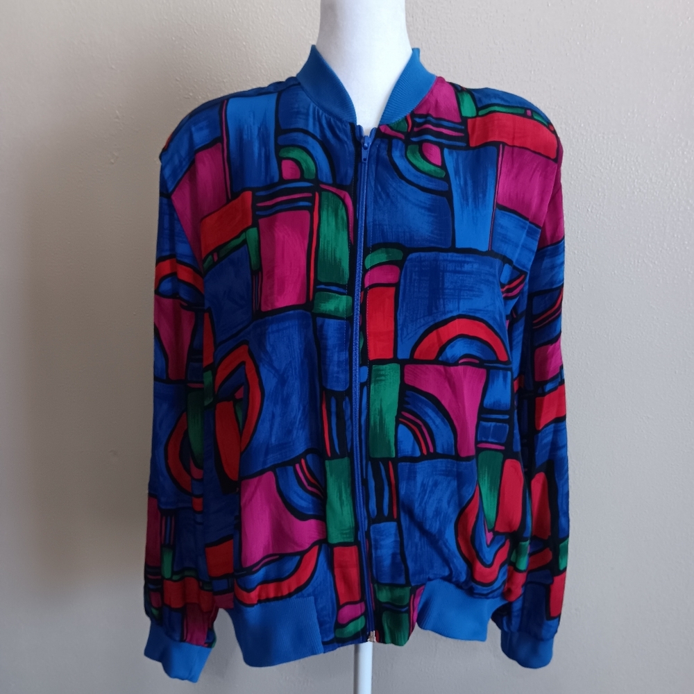Vintage Teddi Colorful Geometric Hip Hop Bomber Jacket Size Medium, 80s 90s